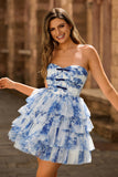 Robe de bal sans bretelles à fleurs bleues blanches avec lacets dans le dos