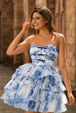 Robe de bal sans bretelles à fleurs bleues blanches avec lacets dans le dos