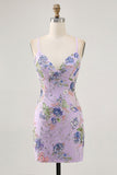 Robe courte moulante moulante rose scintillante pour les retrouvailles à fleurs