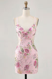 Robe courte moulante moulante rose scintillante pour les retrouvailles à fleurs