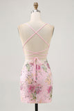 Robe courte moulante moulante rose scintillante pour les retrouvailles à fleurs