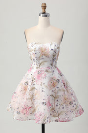 Robe courte trapèze trapèze sans bretelles à fleurs avec paillettes