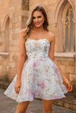 Robe courte trapèze à paillettes scintillantes sans bretelles fleurie pour les retrouvailles