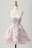 Robe courte trapèze trapèze sans bretelles à fleurs avec paillettes