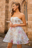 Robe courte trapèze à paillettes scintillantes sans bretelles fleurie pour les retrouvailles