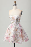 Robe courte trapèze trapèze sans bretelles à fleurs avec paillettes