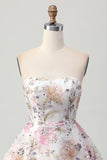 Robe courte trapèze trapèze sans bretelles à fleurs avec paillettes