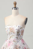 Robe courte trapèze trapèze sans bretelles à fleurs avec paillettes
