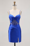 Bleu royal corset transparent plissé serré pour les retrouvailles avec fente