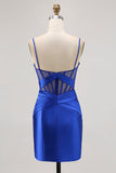 Bleu royal corset transparent plissé serré pour les retrouvailles avec fente