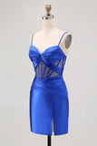 Bleu royal corset transparent plissé serré pour les retrouvailles avec fente