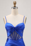 Bleu royal corset transparent plissé serré pour les retrouvailles avec fente