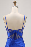 Bleu royal corset transparent plissé serré pour les retrouvailles avec fente