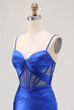 Bleu royal corset transparent plissé serré pour les retrouvailles avec fente