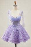 Lilas A-ligne spaghetti bretelles Corset perlé Robe courte de retour à la maison avec plumes