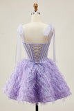 Lilas A-ligne spaghetti bretelles Corset perlé Robe courte de retour à la maison avec plumes