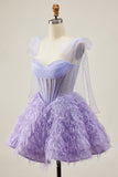Lilas A-ligne spaghetti bretelles Corset perlé Robe courte de retour à la maison avec plumes