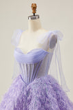 Lilas A-ligne spaghetti bretelles Corset perlé Robe courte de retour à la maison avec plumes