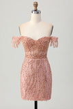 Dusty Rose Moulante Corset Épaules Dénudées Robe Courte de Retrouvailles avec Perles