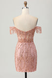 Dusty Rose Moulante Corset Épaules Dénudées Robe Courte de Retrouvailles avec Perles