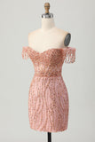 Dusty Rose Moulante Corset Épaules Dénudées Robe Courte de Retrouvailles avec Perles