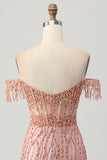 Dusty Rose Moulante Corset Épaules Dénudées Robe Courte de Retrouvailles avec Perles