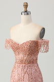 Dusty Rose Moulante Corset Épaules Dénudées Robe Courte de Retrouvailles avec Perles