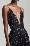 Robe à bretelles spaghetti noires à col en V une ligne à pois blancs