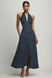 Robe trapèze bleu marine à pois blancs avec fente