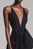 Noir Col V profond Midi Blanc Pois Robe de cocktail d’été avec fente