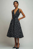 Noir Blanc Col V A Ligne À Pois Robe