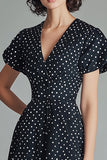 Une ligne Col V Noir Blanc Pois Robe à Manches Courtes