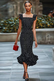 Sirène Robe noire à pois blancs avec volants