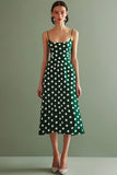 Robe midi à pois vert blanc à bretelles spaghetti