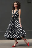Noir Blanc Robe trapèze à pois col en V