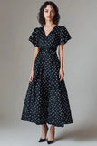 Noir Blanc Robe longue à pois à col en V