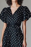 Noir Blanc Robe longue à pois à col en V
