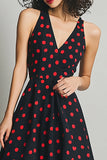 Noir Rouge Robe A Ligne Col V À Pois