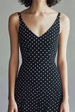 Robe trapèze à bretelles spaghetti noir blanc col en V à pois