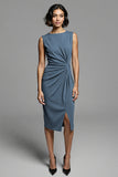 Robe de travail midi fourreau froncé gris avec fente