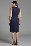 Fourreau bleu marine col V Robe de travail midi avec ceinture