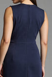 Fourreau bleu marine col V Robe de travail midi avec ceinture