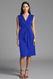 Fourreau bleu marine col V Robe de travail midi avec ceinture