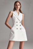 Ivoire Satin A Line Peak Revers Short Work Blazer Dress