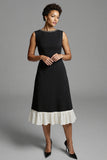 Robe de travail midi en satin A Line noir et blanc avec volants