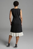Robe de travail midi en satin A Line noir et blanc avec volants