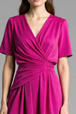 Robe de travail midi à manches longues en satin fuchsia à col en V