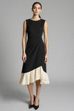 Robe de travail midi en satin noir avec volants