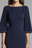 Robe de travail moulante mi-longue en satin bleu marine à manches