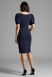 Robe de travail mi-longue moulante bleu marine avec ceinture